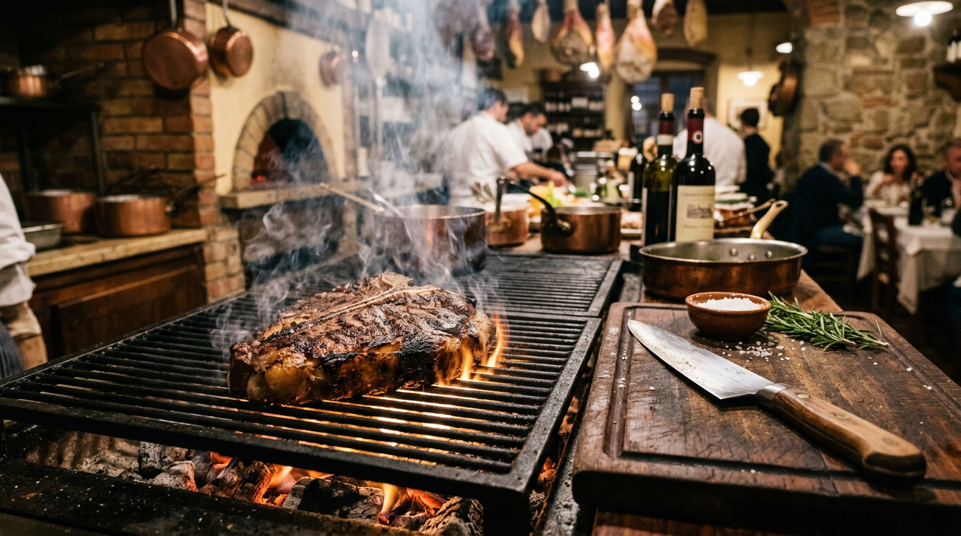 Bistecca fiorentina alta quattro centimetri su brace di legna in una trattoria dell'Oltrarno