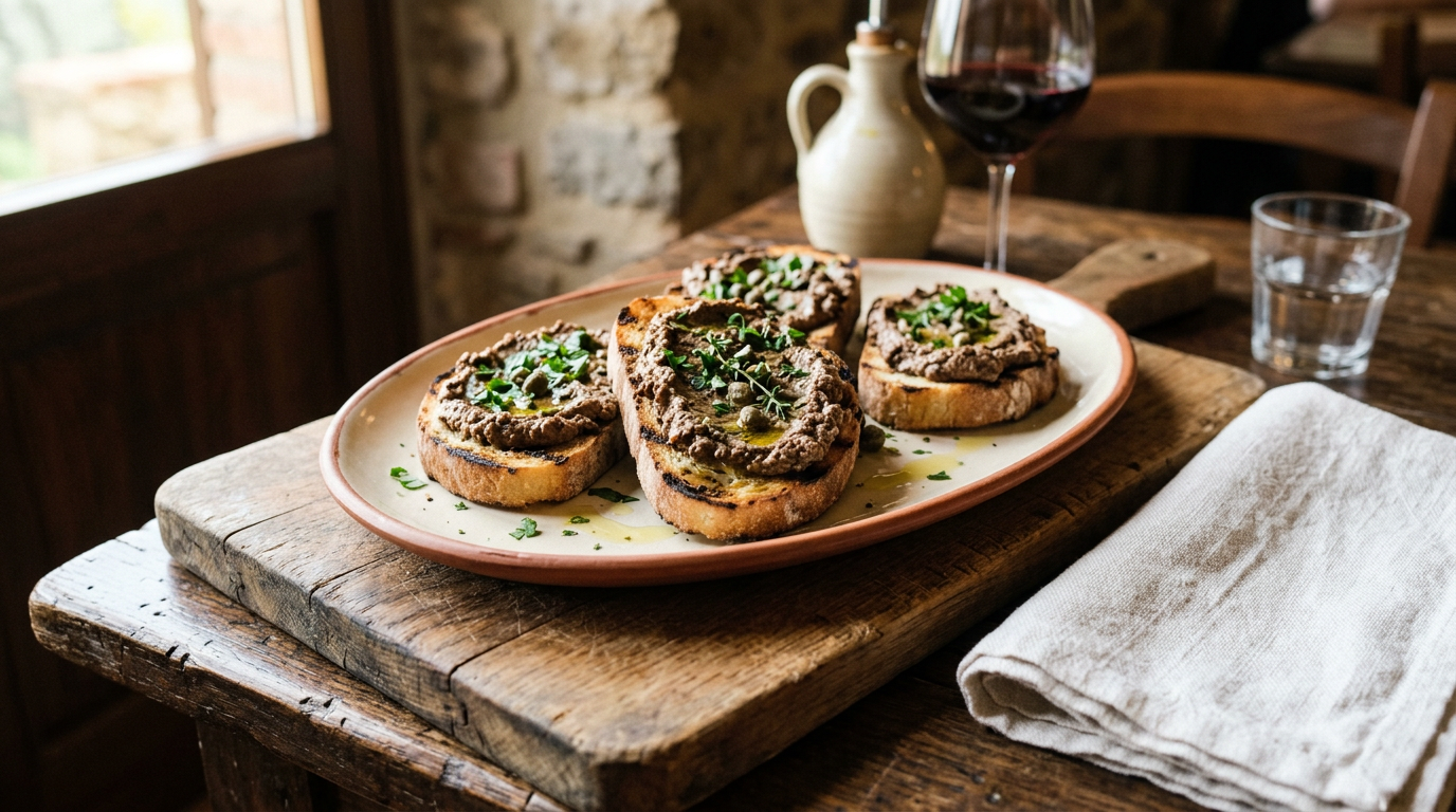 Crostini toscani con crema di fegatini di pollo e capperi serviti su tagliere in una trattoria fiorentina