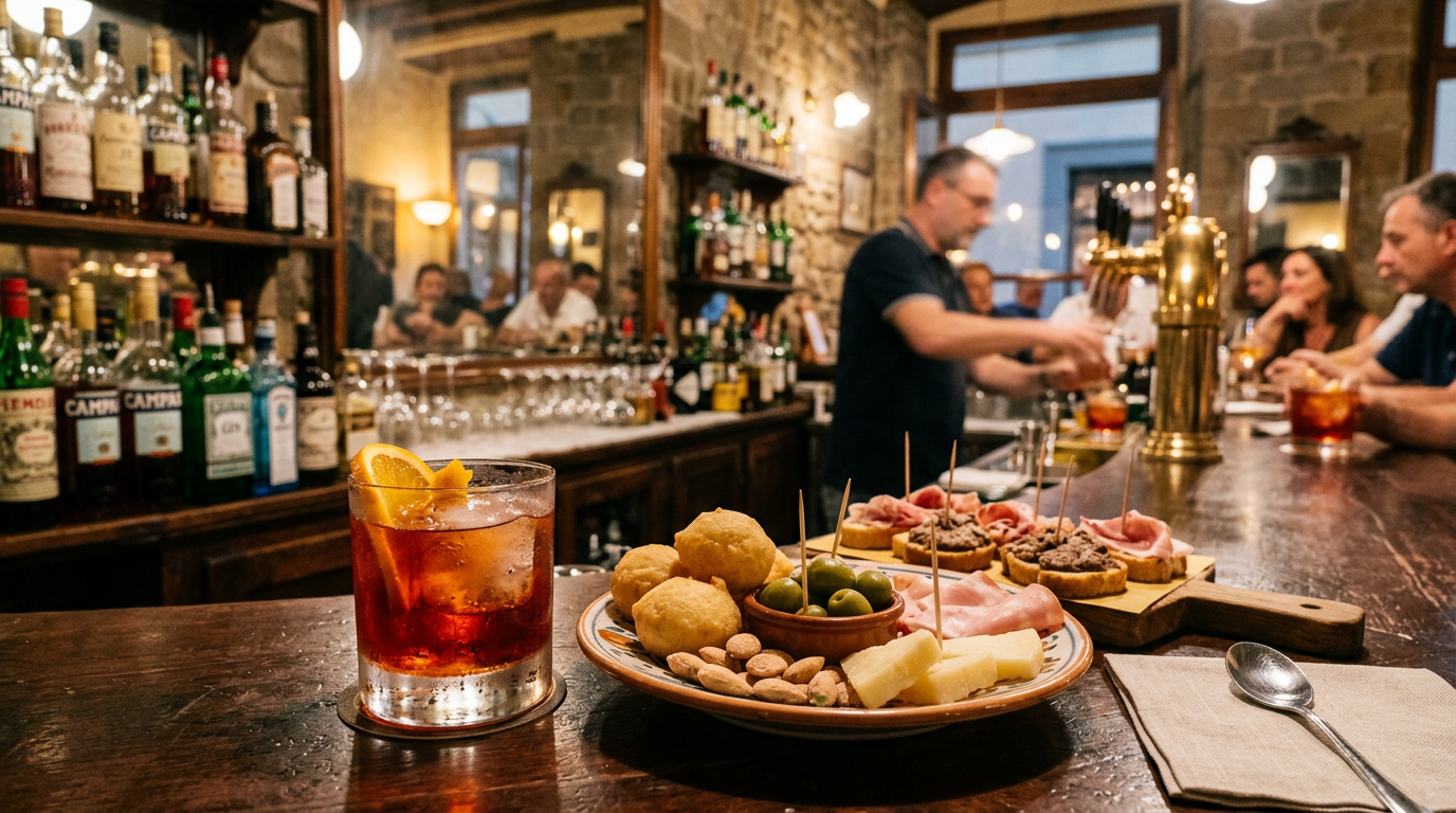 Bicchiere di Negroni con arancia su bancone di enoteca nell'Oltrarno fiorentino all'imbrunire