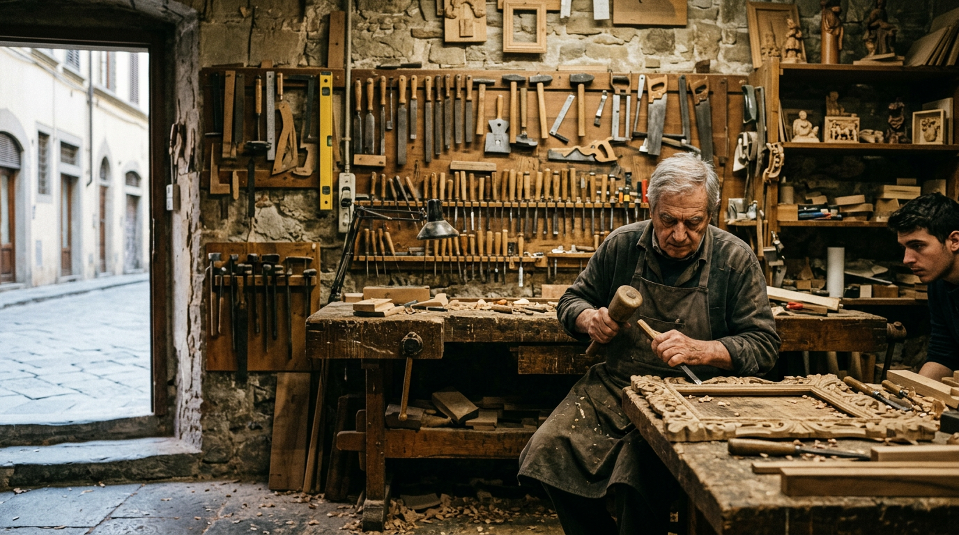 Interno di una bottega di restauro di mobili nell'Oltrarno fiorentino con attrezzi e pezzi in lavorazione
