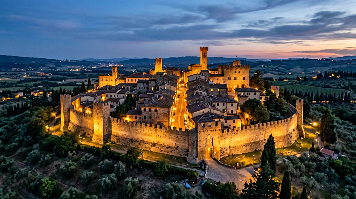 Borgo medievale di Certaldo Alto con le case in mattone rosso e la torre del Palazzo Pretorio sulla collina toscana