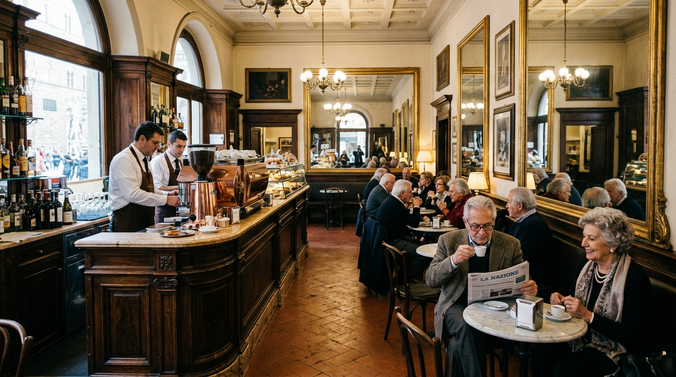 Interno liberty di un caffè storico fiorentino: bancone in legno intarsiato, macchina espresso cromata e pasticcini in vetrina