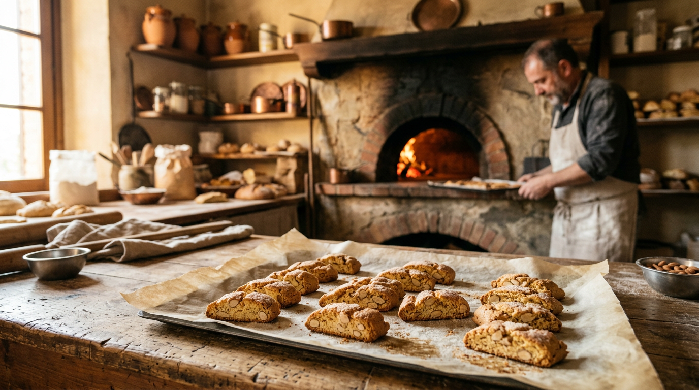 Teglia di cantuccini alle mandorle artigianali appena sfornati su carta oleata, con un bicchierino di vin santo ambrato a lato