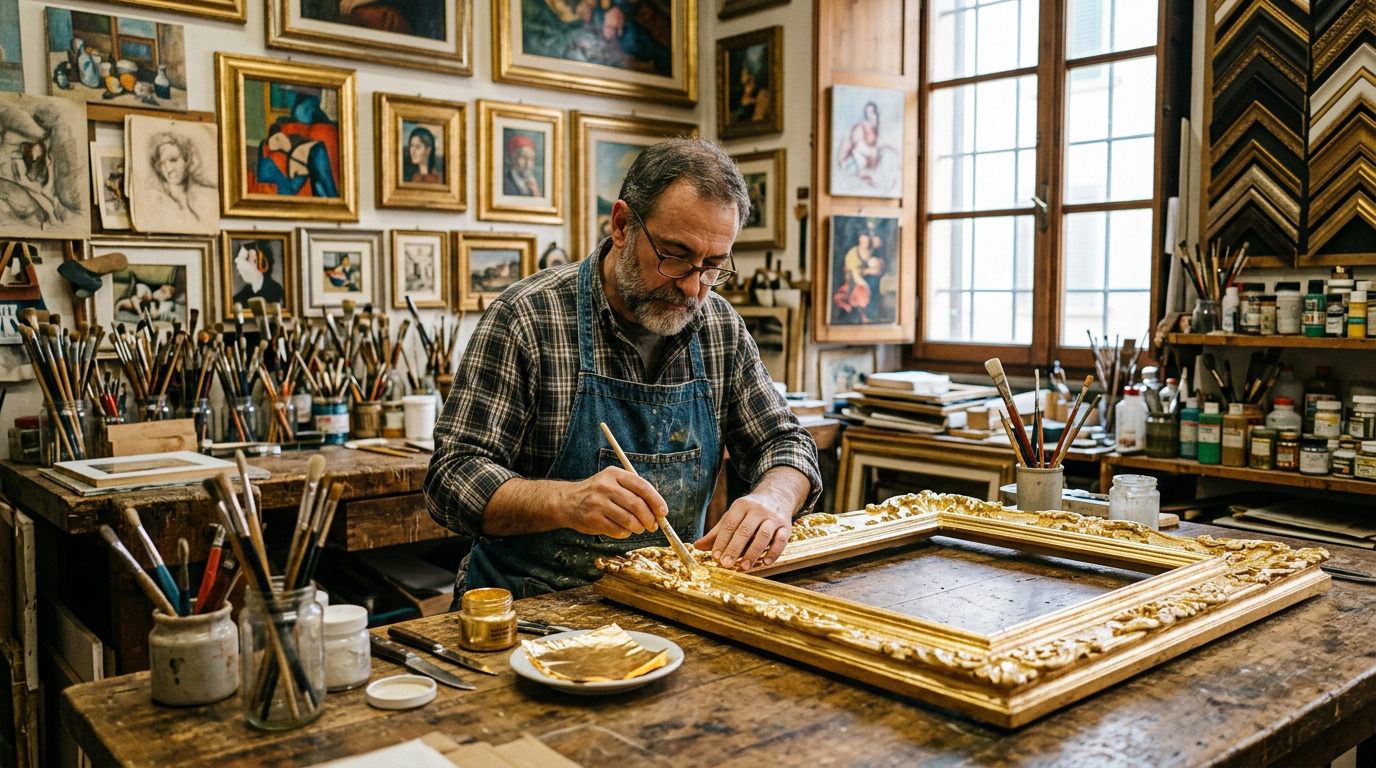 Mani di un artigiano che applica foglia d'oro zecchino su una cornice in gesso nell'Oltrarno, con cuscino di pelle e pennello di pelo di scoiattolo sul tavolo