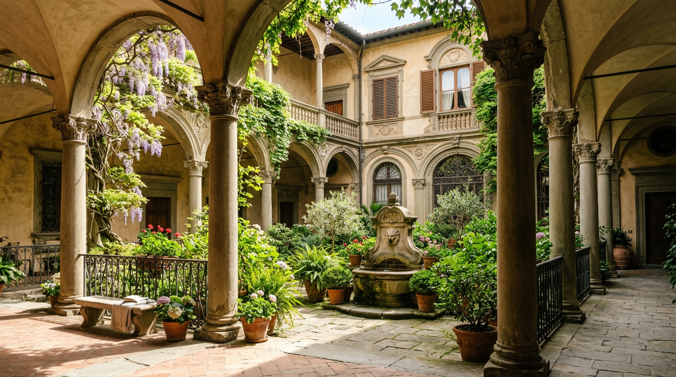 Cortile cinquecentesco di palazzo storico nell'Oltrarno: loggiato a colonne in pietra serena, pozzo centrale e pavimentazione in cotto rosso