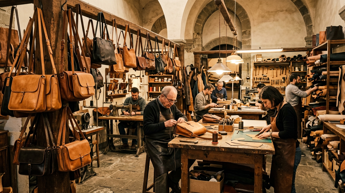Tavolo da lavoro di una bottega del cuoio nell'Oltrarno: pelli di bovino conciato al vegetale in colore naturale, punzoni, filo di lino cerato e strumenti manuali