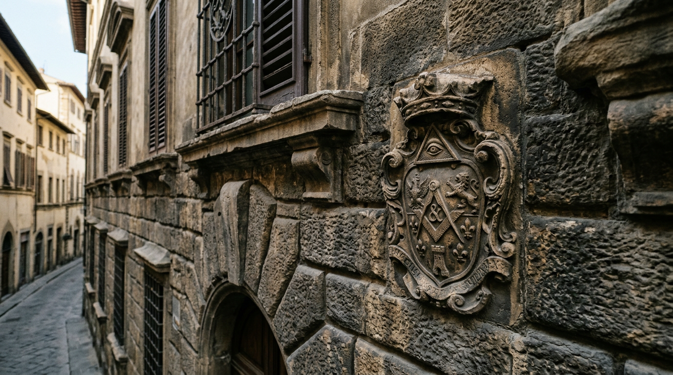 Buchetta del vino medievale murata nel muro di un palazzo cinquecentesco in Via dello Sprone, Oltrarno, con cornice in pietra serena