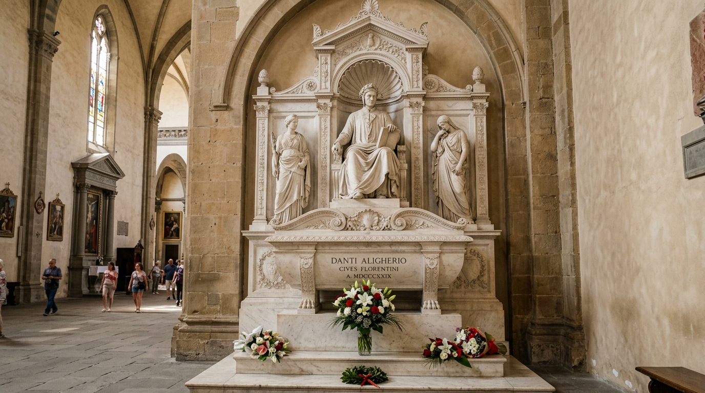 Statua in marmo di Dante Alighieri davanti alla basilica di Santa Croce a Firenze, con la facciata gotica sullo sfondo