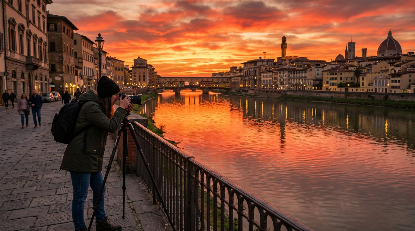 Veduta dell'Oltrarno al mattino presto da Piazzale Michelangelo: nebbia bassa sulla città, cupola del Brunelleschi e campanile di Giotto illuminati dalla luce radente