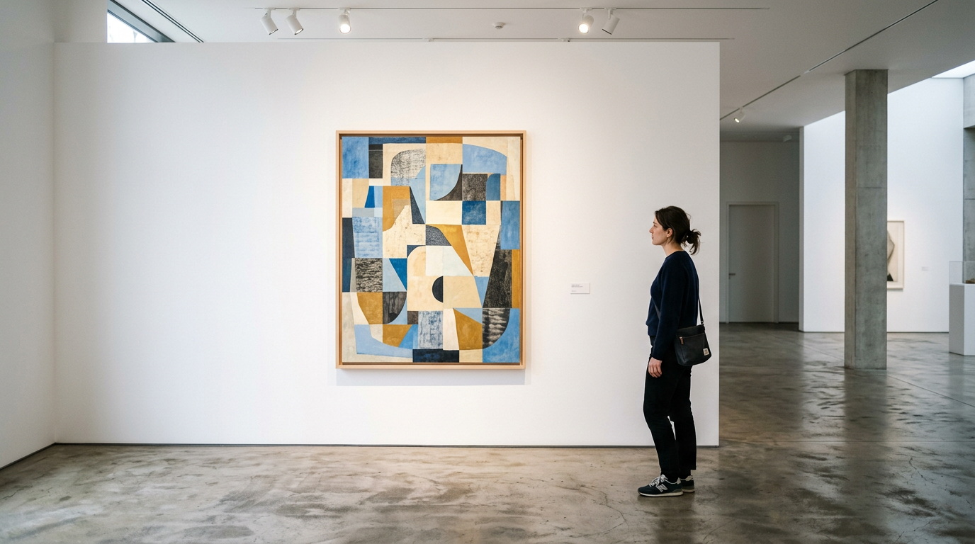 Interno di galleria d'arte contemporanea nell'Oltrarno con installazione su parete bianca e pavimento in cotto