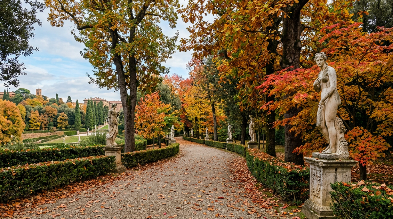 Terrazza panoramica del Giardino Bardini con balaustra in pietra e il Duomo di Firenze sullo sfondo