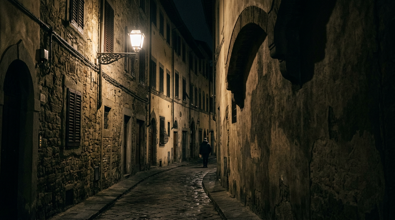 Scorcio notturno di via de' Bardi nell'Oltrarno con palazzi medievali e lampione in ferro battuto