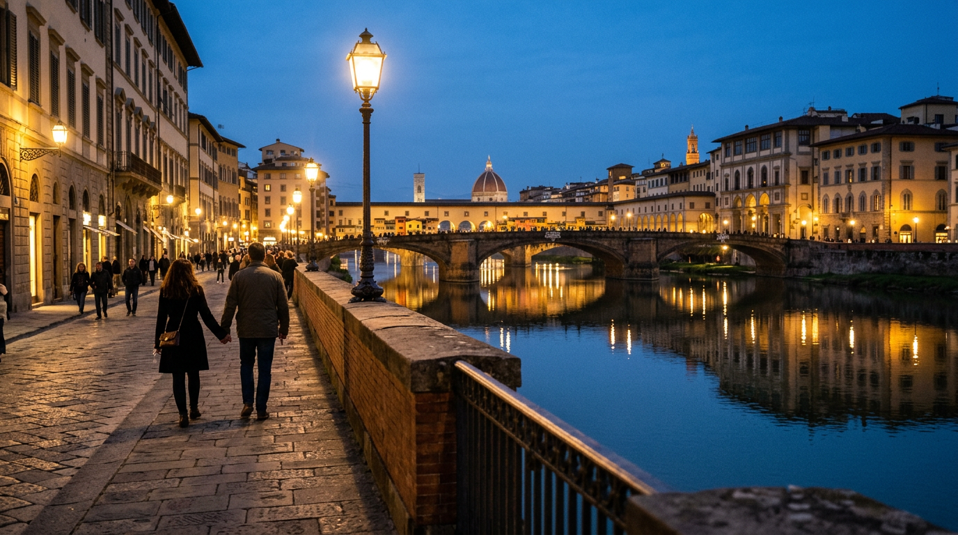 Sponda sud del Lungarno Torrigiani al tramonto, con le arcate di Ponte alle Grazie riflesse sull'acqua ferma