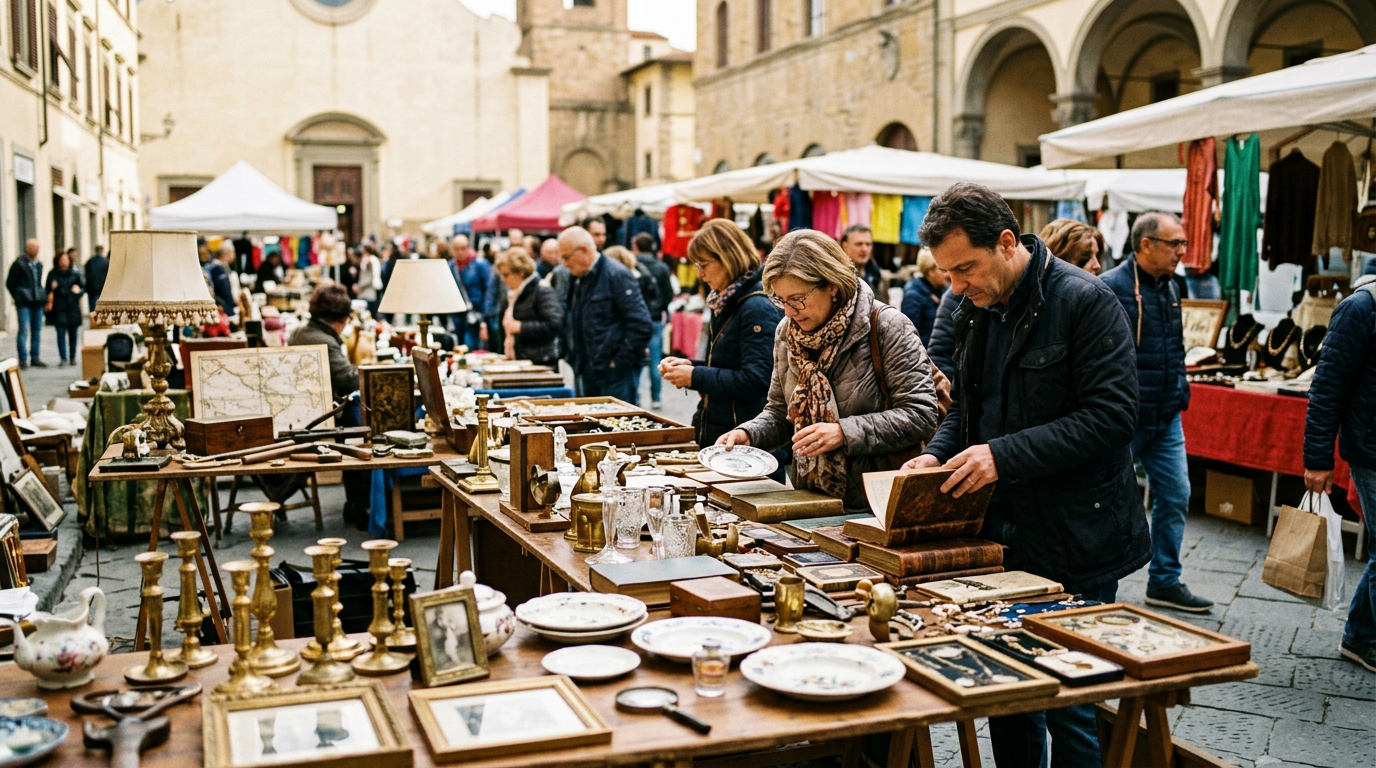 Bancarella con stampe antiche e oggetti in argento al mercato dell'antiquariato in Piazza Santo Spirito, Firenze