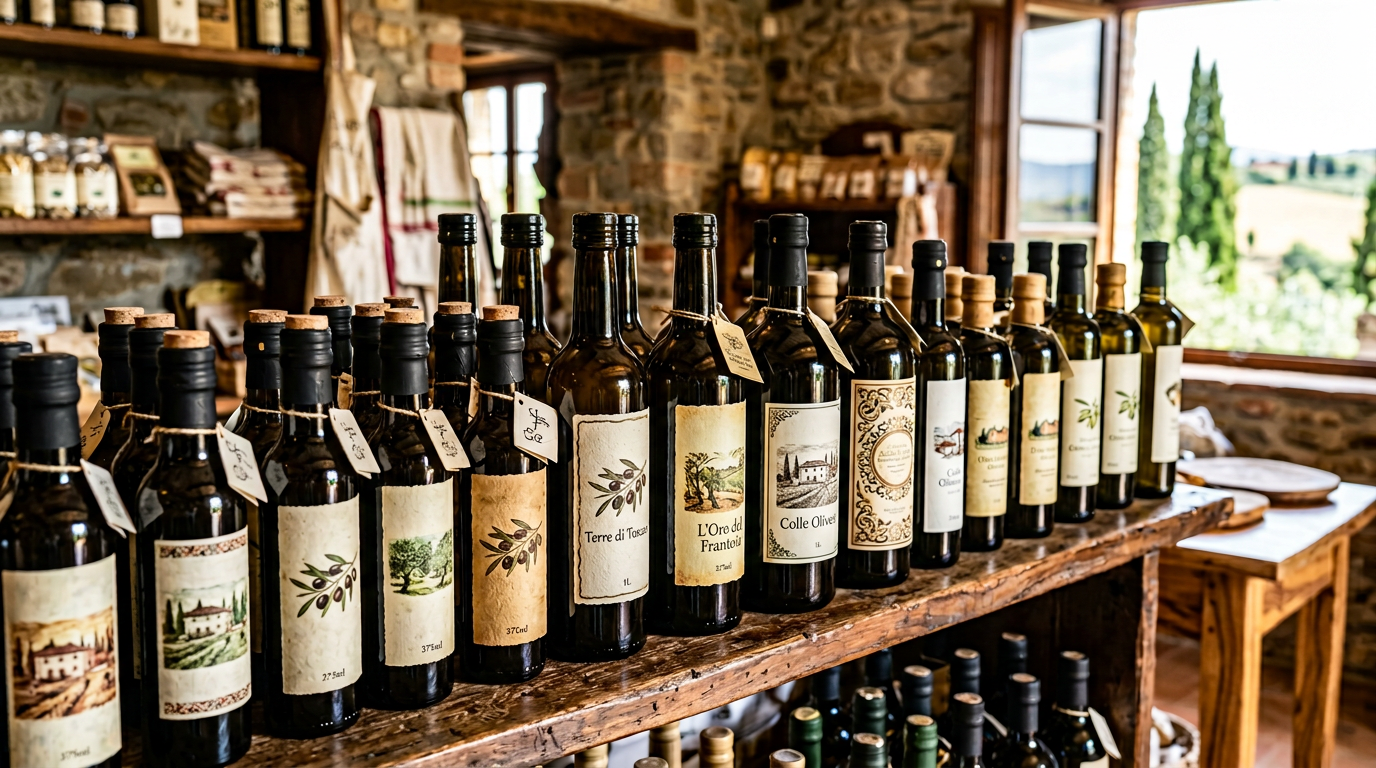 Scaffale con bottiglie di olio extravergine toscano DOP in lattina e bottiglia scura in un negozio alimentare di Firenze