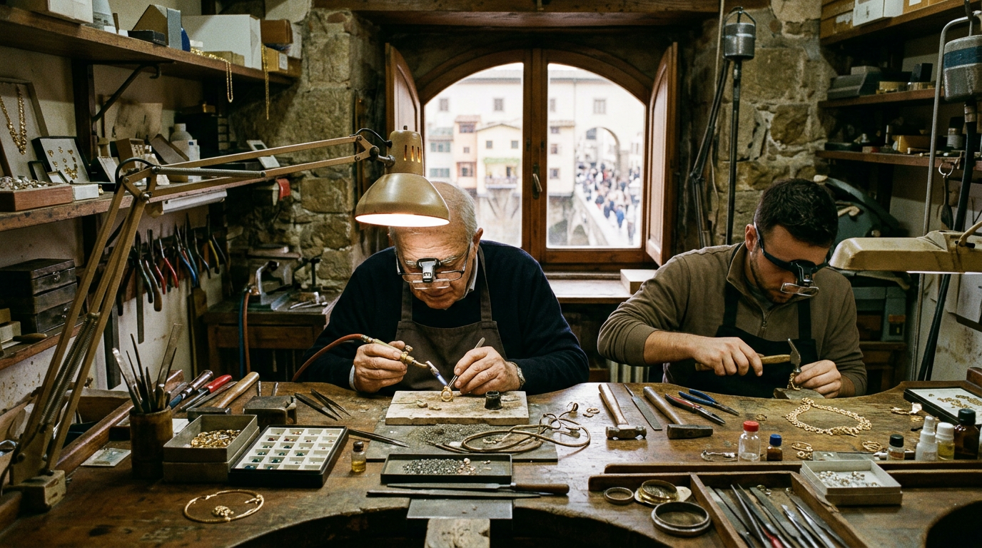 Bottega orafa artigianale su Ponte Vecchio con anelli e bracciali esposti su cuscino di velluto scuro