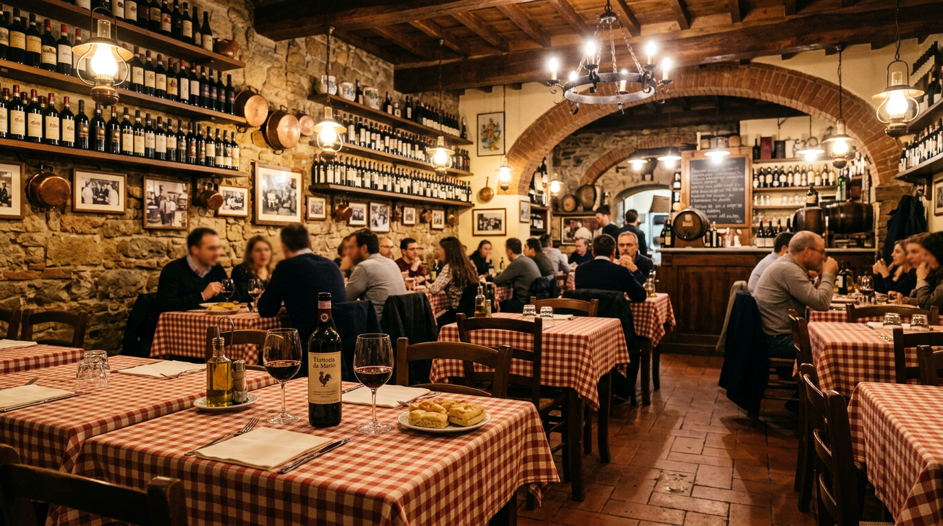 Sala di una trattoria fiorentina storica con tovaglie a quadri, fiaschi di vino e piatti della tradizione sul bancone