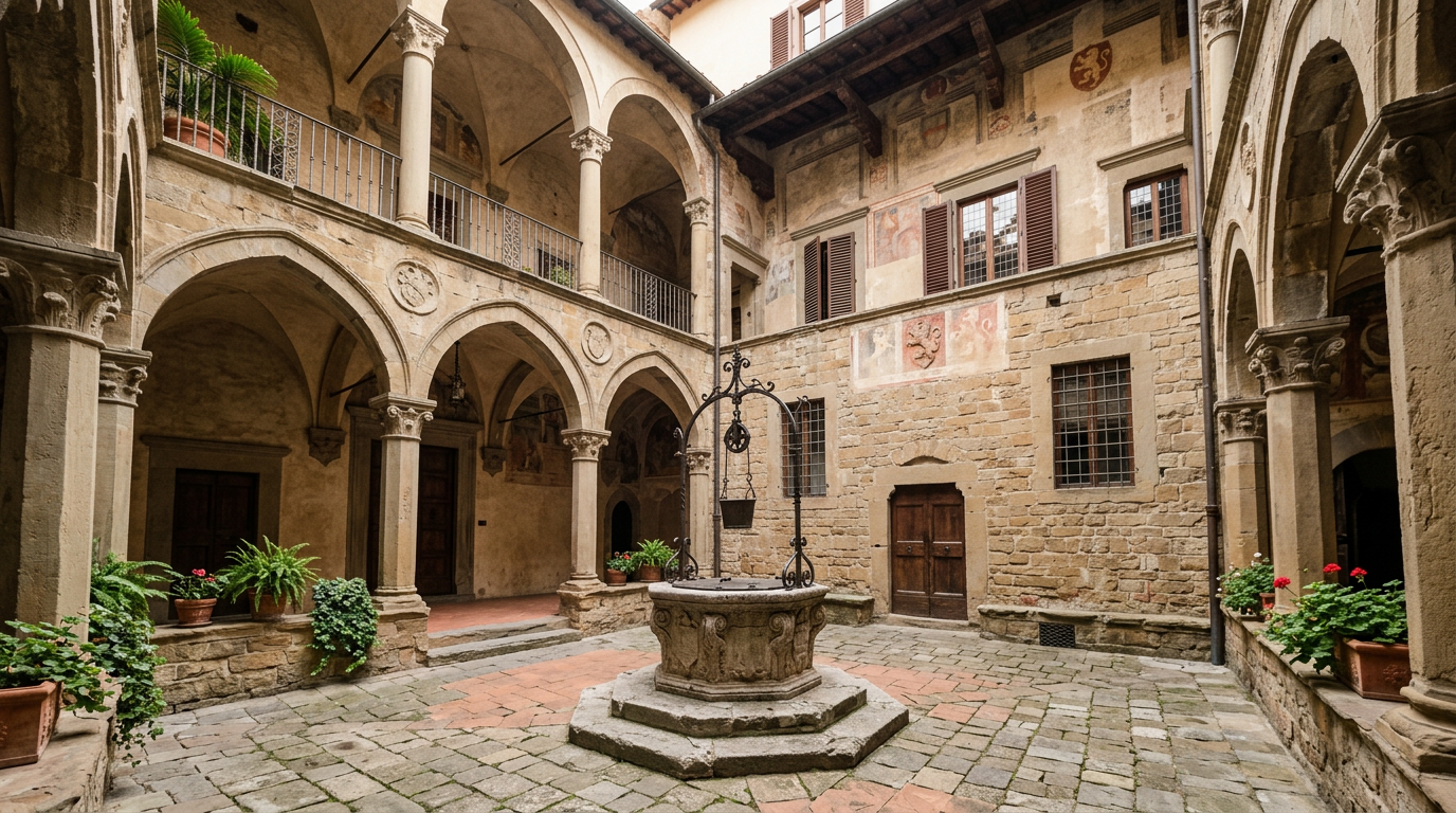Cortile interno di Palazzo Davanzati con le logge sovrapposte, il pozzo centrale e le pareti in pietra serena