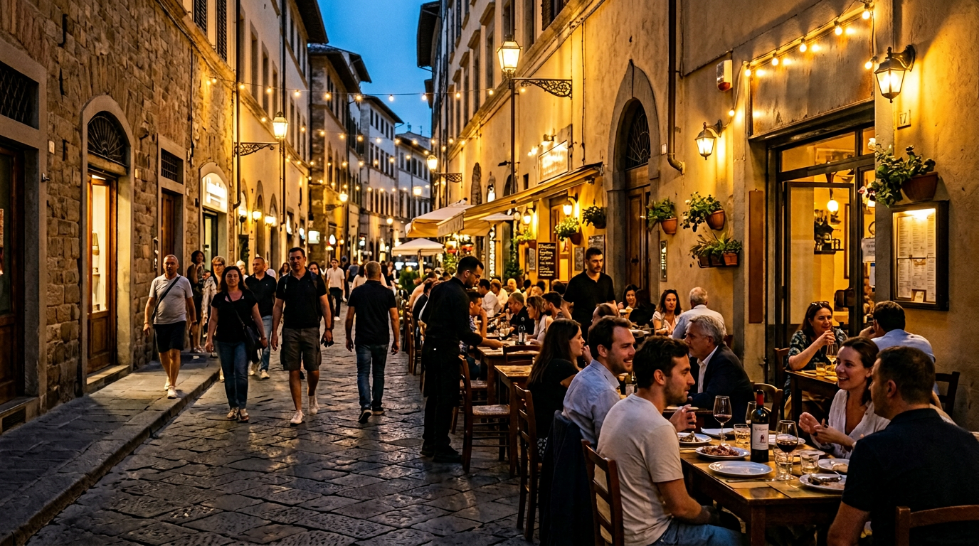 Piazza Santo Spirito di sera con le luci dei bar, i tavolini all'aperto e la facciata della basilica in penombra