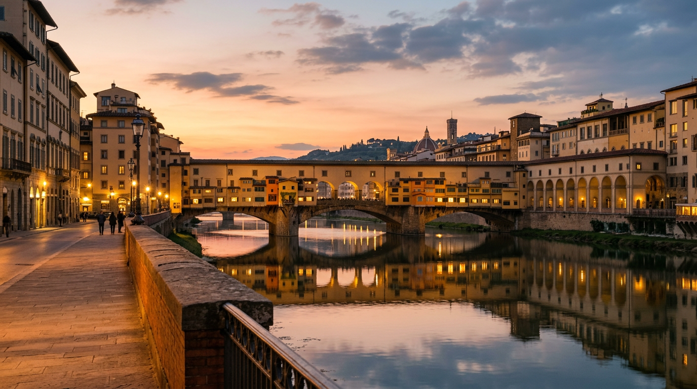Vista diurna dei ponti di Firenze dall'Arno verso Ponte Vecchio con le case sul ponte e il Corridoio Vasariano