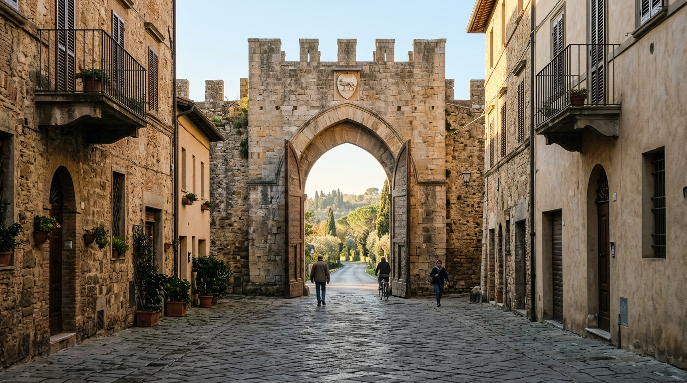 Arco gotico di Porta Romana visto da via Romana con il viale dei platani e il traffico in primo piano