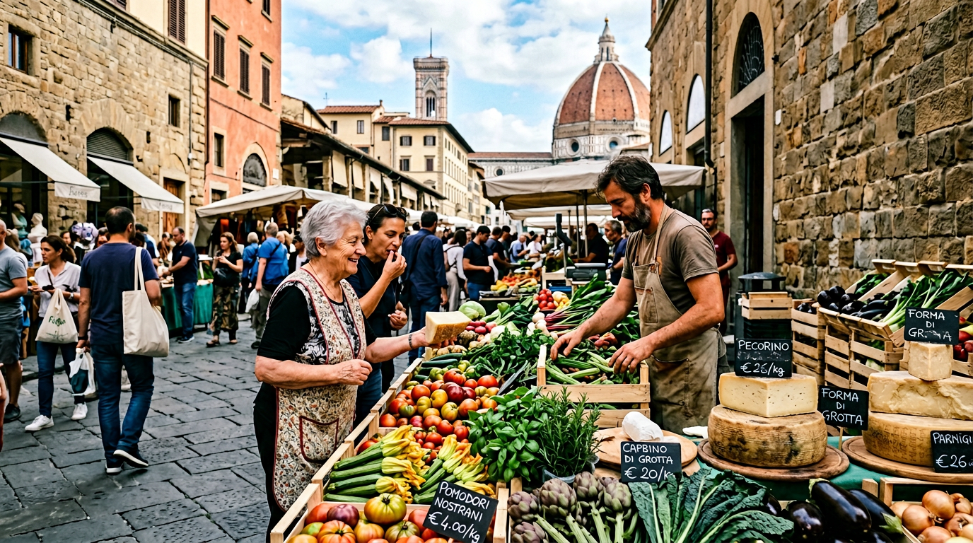 Stand di un produttore agricolo toscano al mercato contadino con pomodori, peperoni e erbe aromatiche esposte su cassette di legno