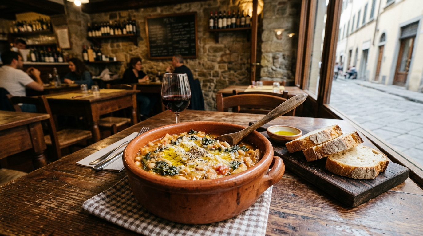 Ciotola di terracotta con ribollita toscana densa, cavolo nero e un filo di olio extravergine verde versato al momento
