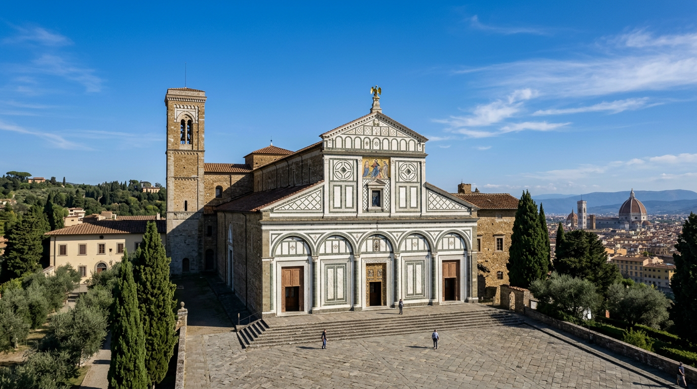 Facciata romanica di San Miniato al Monte in marmo bianco e verde con il mosaico dorato del Cristo Pantocratore, Firenze visibile in basso