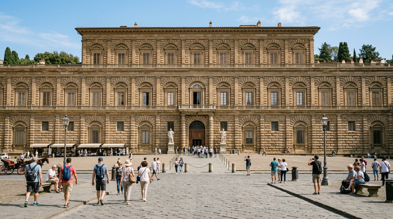 Palazzo Pitti visto dalla piazza acciottolata: la facciata in pietra forte si estende per oltre duecento metri