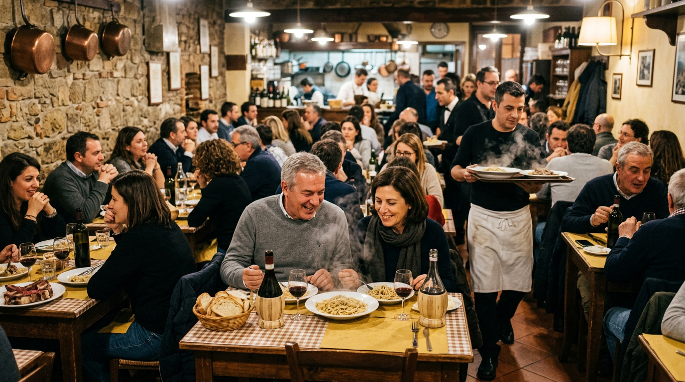 Interno di una trattoria dell'Oltrarno con tavoli ravvicinati, lavagna del menu e clienti seduti a pranzo
