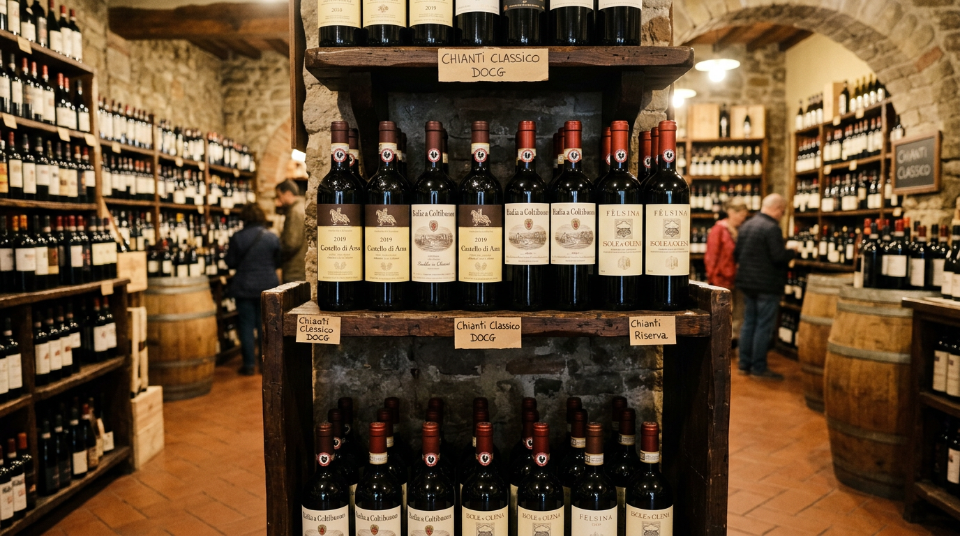 Scaffale di bottiglie di Chianti Classico in enoteca: etichette di piccoli produttori, annate tra 2018 e 2022