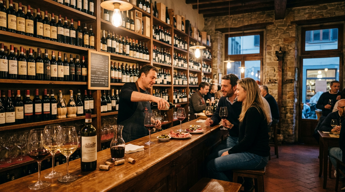Enoteca nell'Oltrarno: bottiglie di vino naturale toscano allineate sul bancone, etichette artigianali in bianco e nero