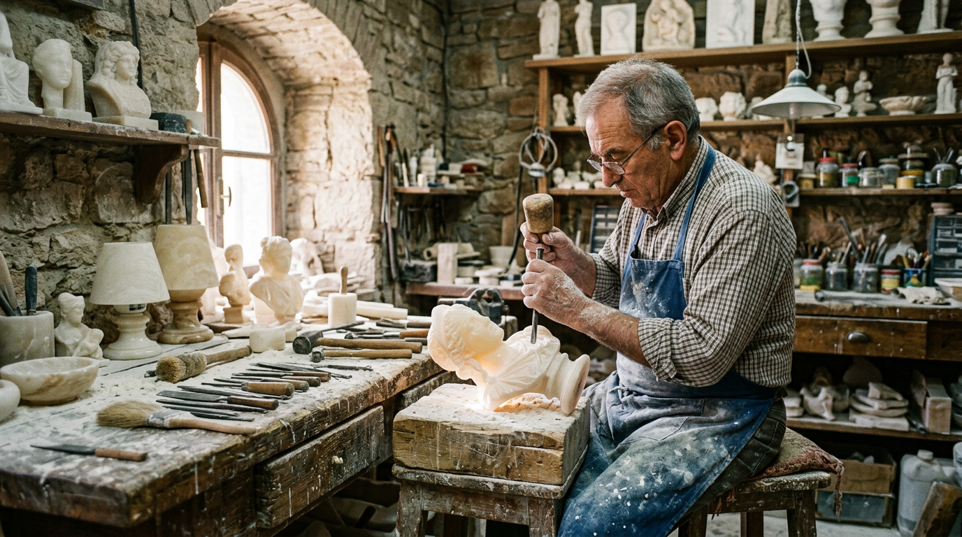 Laboratorio di alabastro a Volterra: blocchi grezzi impilati sul pavimento, tornio al centro, polvere bianca sulle superfici di lavoro