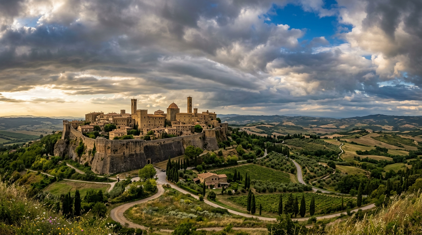 Volterra vista dalle mura etrusche: il plateau a 555 metri con le torri medievali e la Fortezza Medicea sullo sfondo